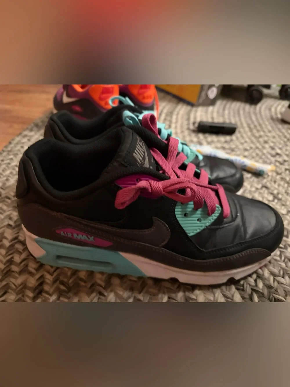 Nike air max 90s size 7 youth Black Sneakers with Pink and Light Blue Laces